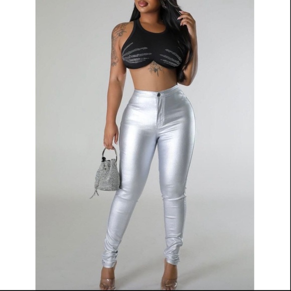 Silver Iridescent Metallic Jeans - Picture 1 of 2